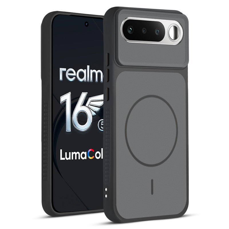 Front and back view of Black protective back cover for Realme 16 5G with textured sides, camera guard and slim fit design.