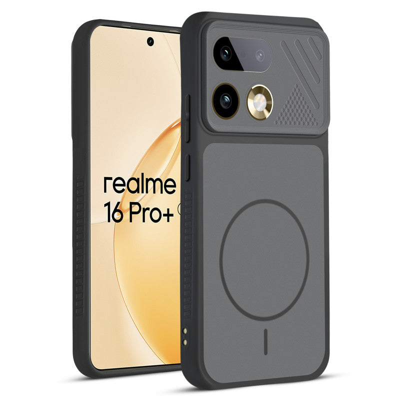 Front and back view of Black protective back cover for Realme 16 Pro Plus 5G with textured sides, camera guard and slim fit design.