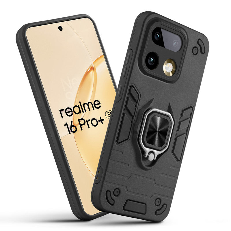 Front and back view of Realme 16 Pro Plus 5G fitted with a protective case and ring grip