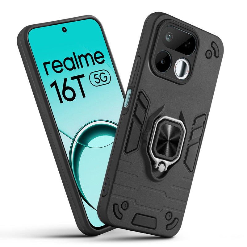 Front and back view of Realme 16T 5G fitted with a protective case and ring grip