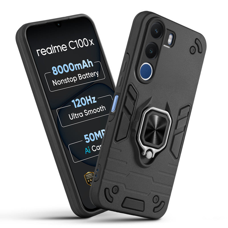 Front and back view of Realme C100x 5G fitted with a protective case and ring grip