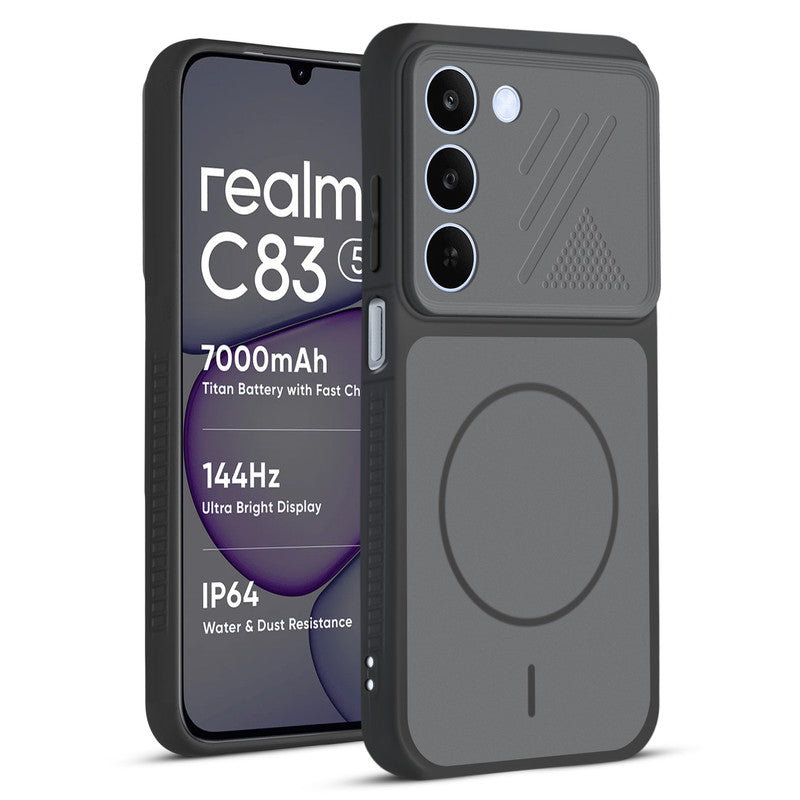 Front and back view of Black protective back cover for Realme C83 5G with textured sides, camera guard and slim fit design.