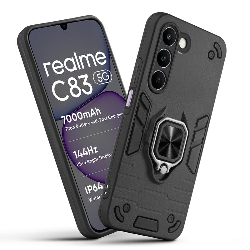 Front and back view of Realme C83 5G fitted with a protective case and ring grip