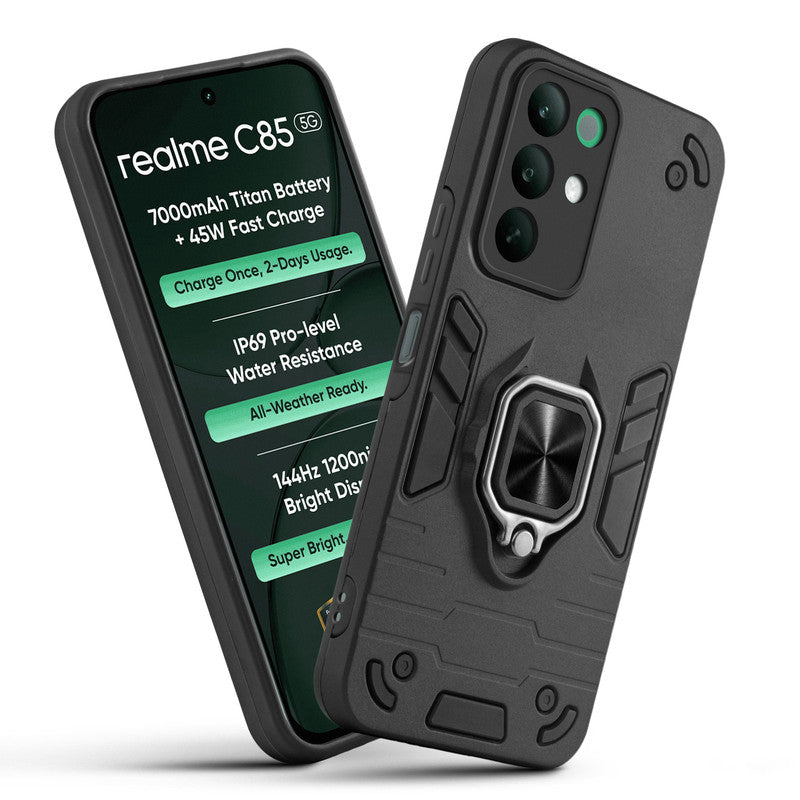 Front and back view of Realme C85 5G fitted with a protective case and ring grip