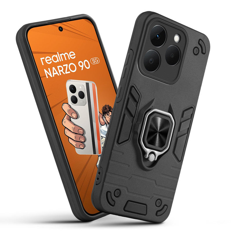 Front and back view of Realme Narzo 90 5G fitted with a protective case and ring grip