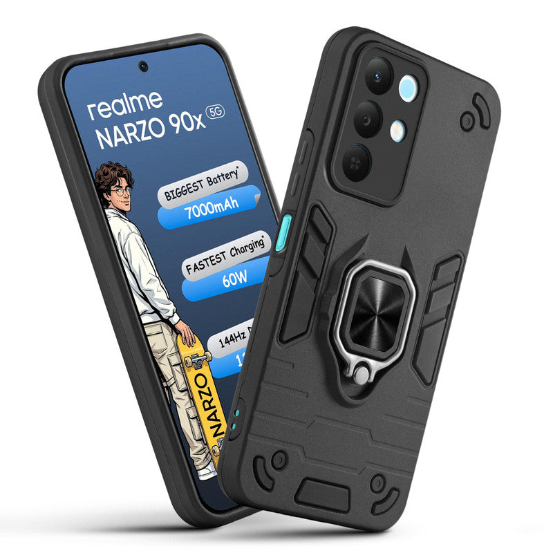 Front and back view of Realme Narzo 90x 5G fitted with a protective case and ring grip
