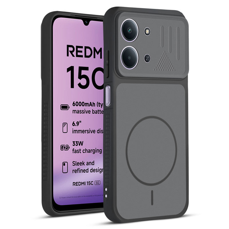 Front and back view of Black protective back cover for Redmi 15C 5G with textured sides, camera guard and slim fit design.