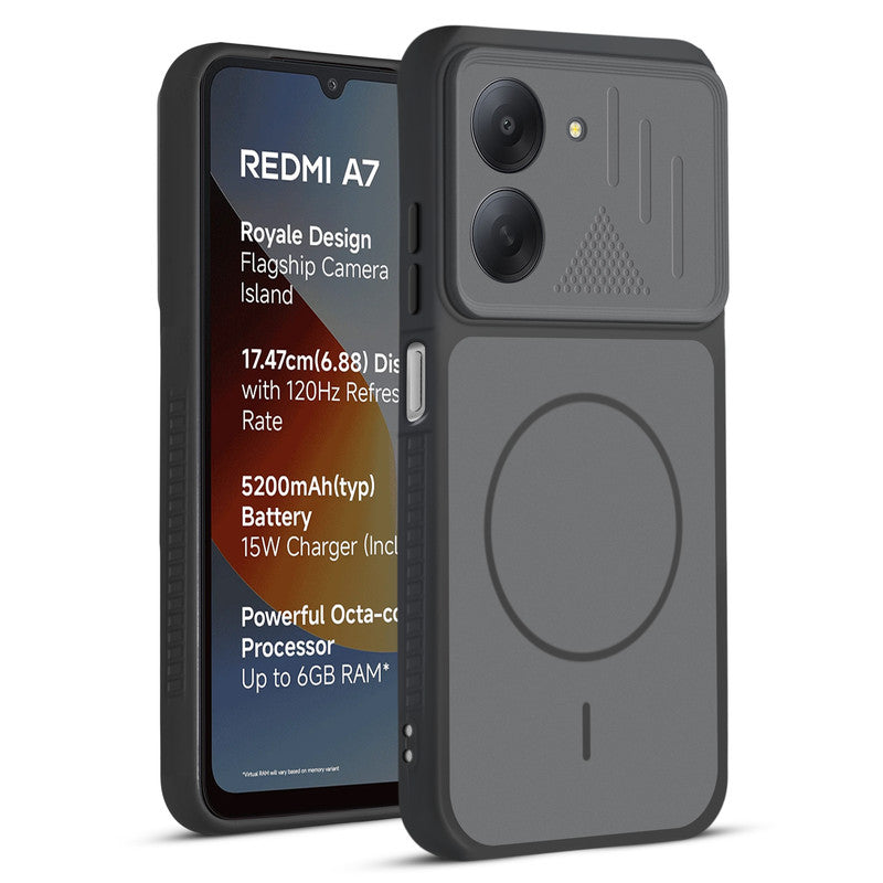 Front and back view of Black protective back cover for Redmi A7 4G with textured sides, camera guard and slim fit design.