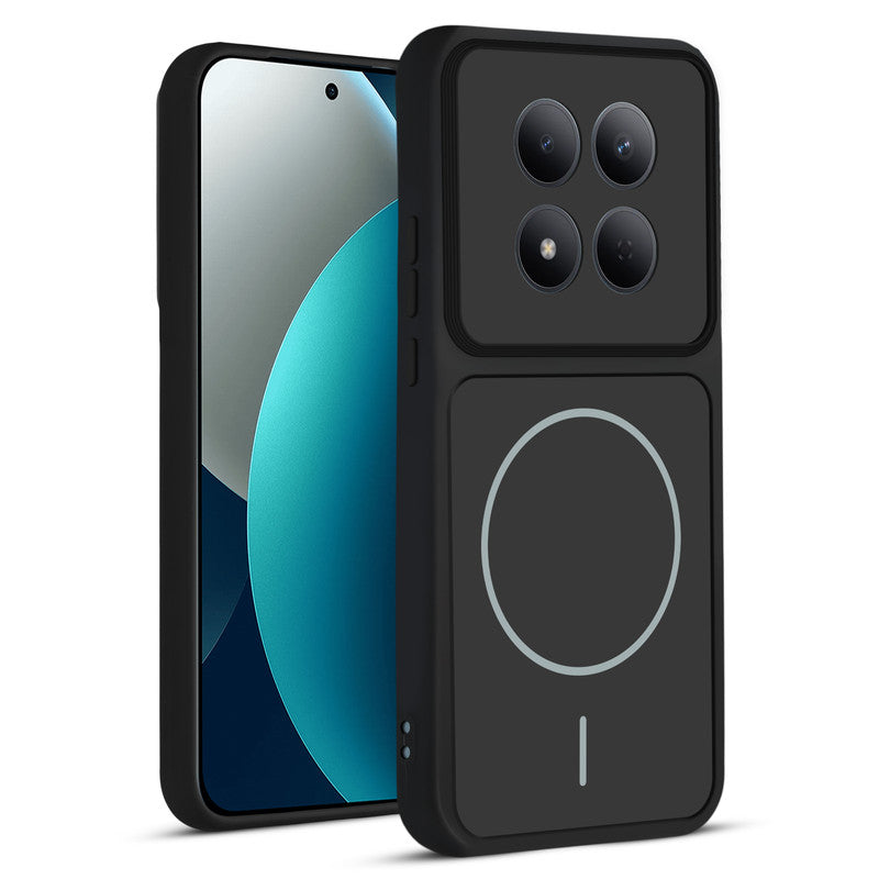 Front and back view of Black protective back cover for Redmi Note 15 Pro 5G with textured sides, camera guard and slim fit design.