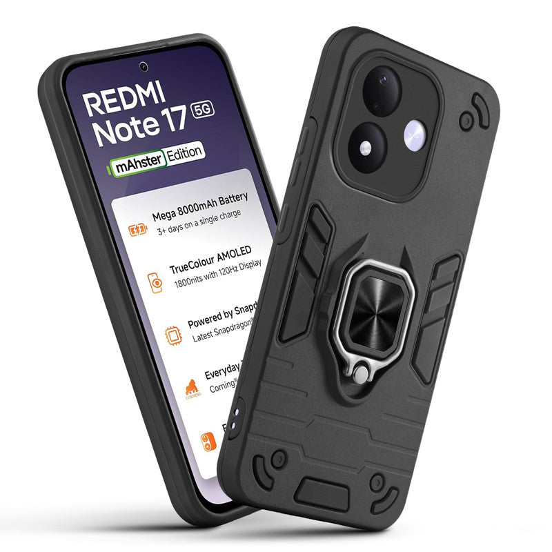 Front and back view of Redmi Note 17 5G fitted with a protective case and ring grip