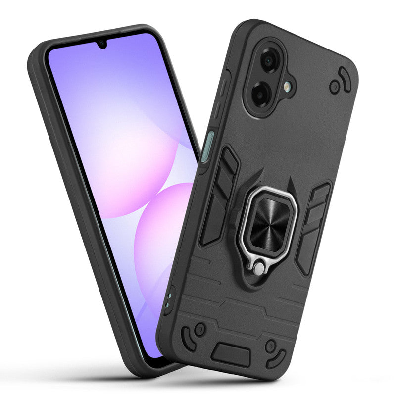 Front and back view of Samsung A07 5G fitted with a protective case and ring grip