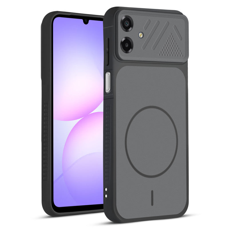 Front and back view of Black protective back cover for Samsung A07 5G with textured sides, camera guard and slim fit design.