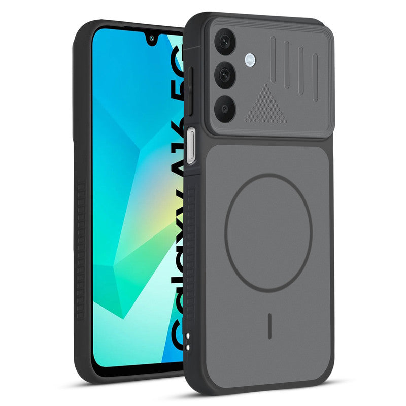 Front and back view of Black protective back cover for Samsung A16 5G with textured sides, camera guard and slim fit design.