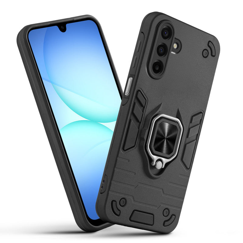 Front and back view of Samsung A17 5G fitted with a protective case and ring grip