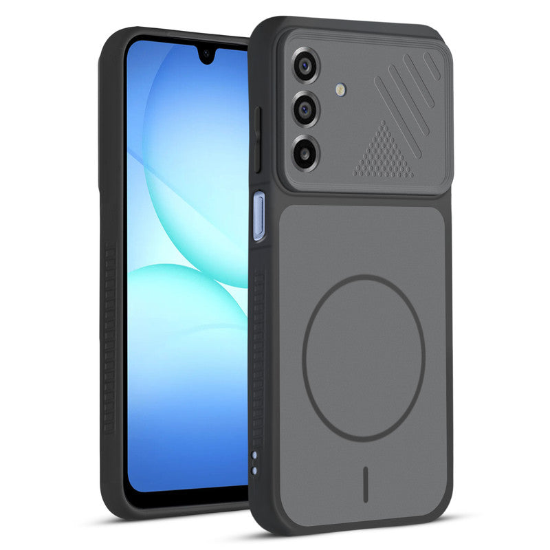 Front and back view of Black protective back cover for Samsung A17 5G with textured sides, camera guard and slim fit design.