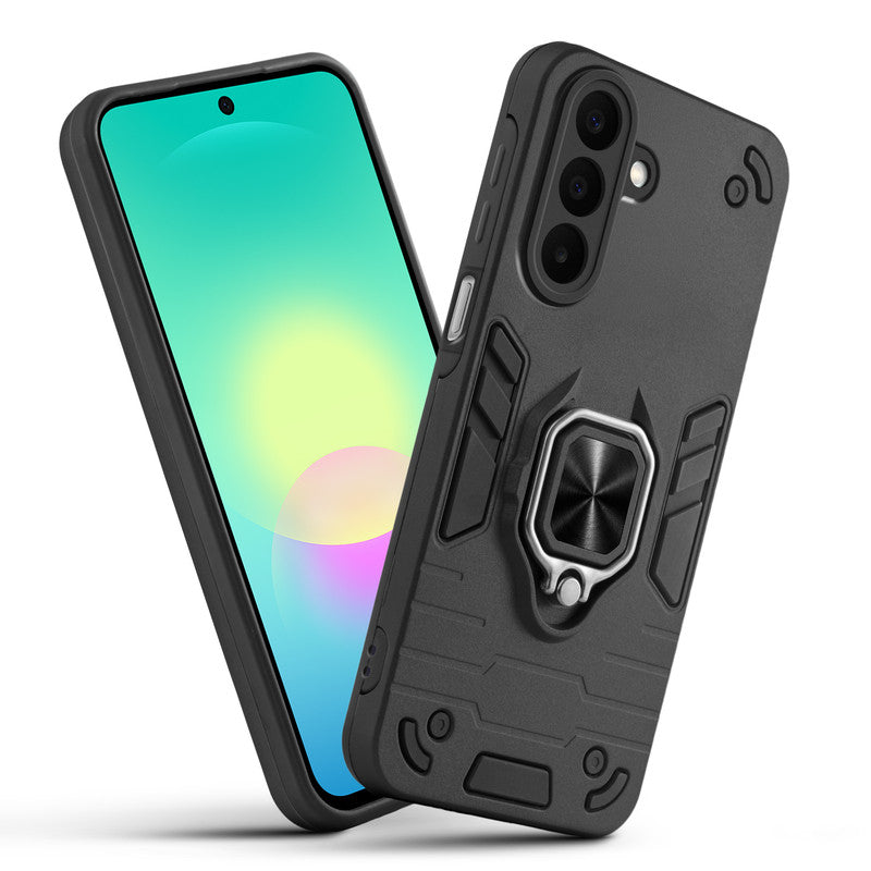 Front and back view of Samsung A27 5G fitted with a protective case and ring grip
