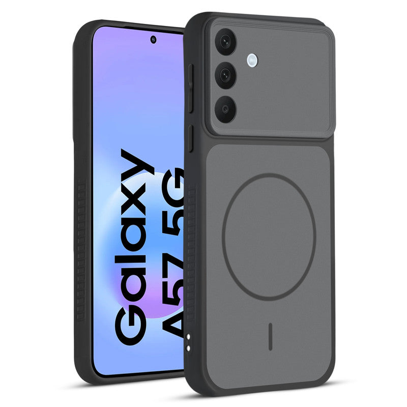 Front and back view of Black protective back cover for Samsung A57 5G with textured sides, camera guard and slim fit design.