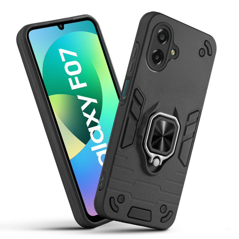 Front and back view of Samsung F07 fitted with a protective case and ring grip
