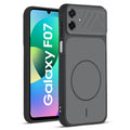 Front and back view of Black protective back cover for Samsung F07 with textured sides, camera guard and slim fit design.