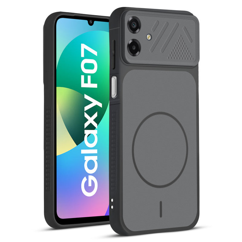 Front and back view of Black protective back cover for Samsung F07 with textured sides, camera guard and slim fit design.