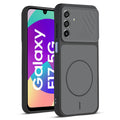 Front and back view of Black protective back cover for Samsung F17 5G  with textured sides, camera guard and slim fit design.