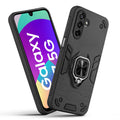 Front and back view of Samsung F17 5G fitted with a protective case and ring grip