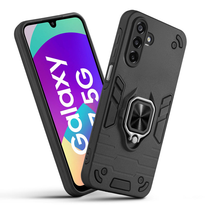 Front and back view of Samsung F17 5G fitted with a protective case and ring grip
