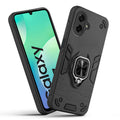 Front and back view of Samsung M07 fitted with a protective case and ring grip