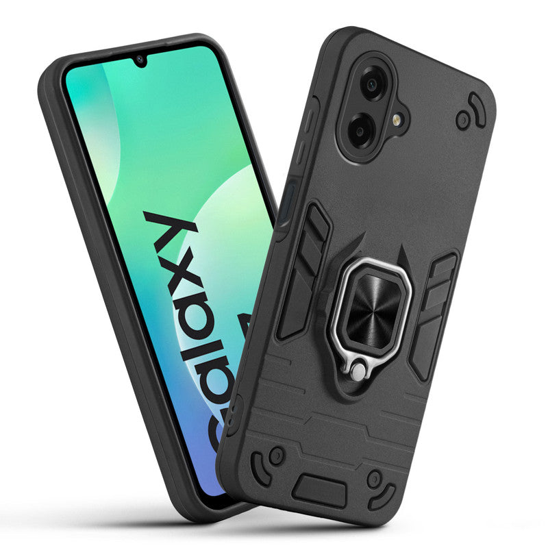 Front and back view of Samsung M07 fitted with a protective case and ring grip