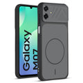 Front and back view of Black protective back cover for Samsung M07 with textured sides, camera guard and slim fit design.