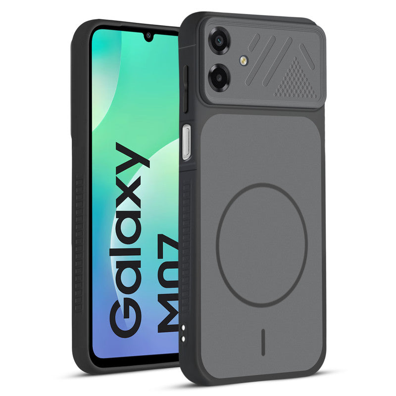 Front and back view of Black protective back cover for Samsung M07 with textured sides, camera guard and slim fit design.