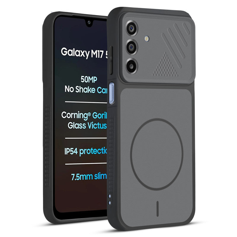 Front and back view of Black protective back cover forSamsung M17 5G with textured sides, camera guard and slim fit design.