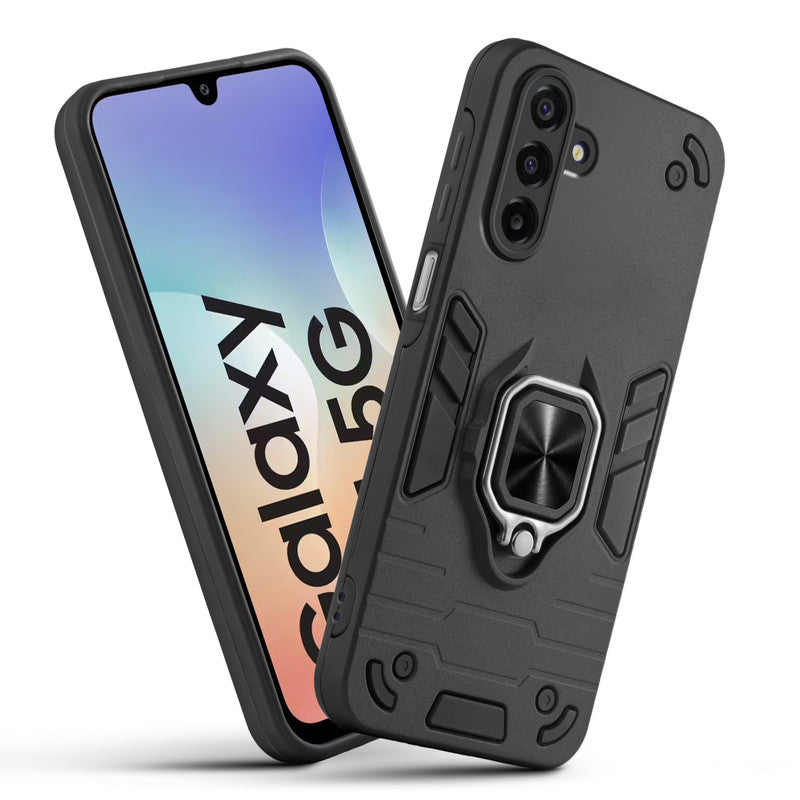 Front and back view of Samsung M17 5G fitted with a protective case and ring grip
