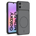 Front and back view of Black protective back cover for Samsung M17e 5G with textured sides, camera guard and slim fit design.