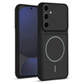Front and back view of Black protective back cover for Samsung S24 FE 5G with textured sides, camera guard and slim fit design.