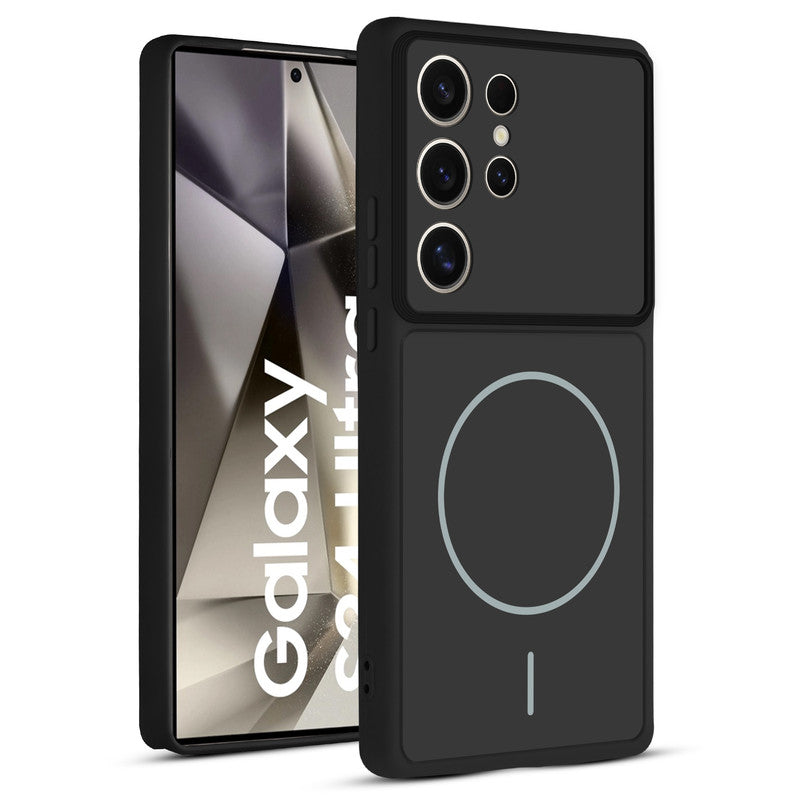 Front and back view of Black protective back cover for Samsung S24 Ultra 5G with textured sides, camera guard and slim fit design.
