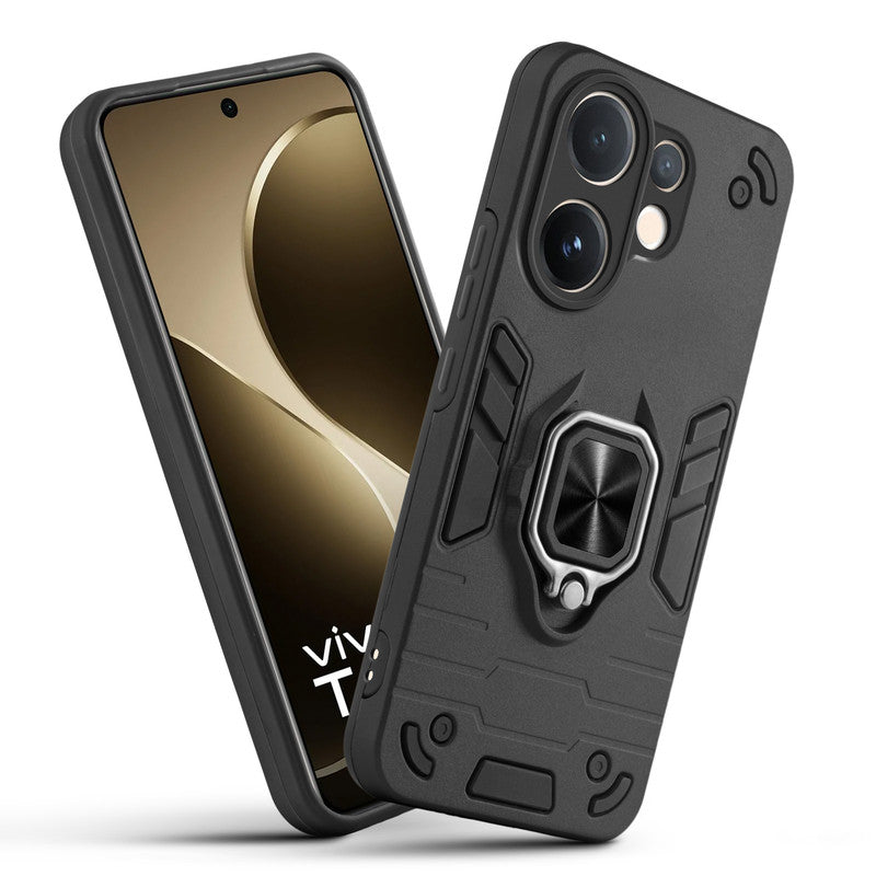 Front and back view of  Vivo T4 Pro 5G fitted with a protective case and ring grip