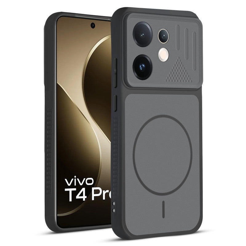 Front and back view of Black protective back cover for Vivo T4 Pro 5G with textured sides, camera guard and slim fit design.