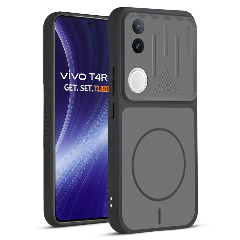 Front and back view of Black protective back cover for Vivo T4R 5G with textured sides, camera guard and slim fit design.