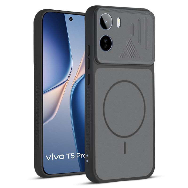 Front and back view of Black protective back cover for Vivo T5 Pro 5G with textured sides, camera guard and slim fit design.