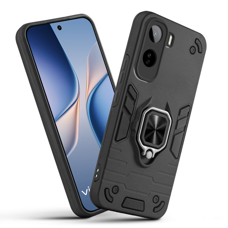 Front and back view of Vivo T5 Pro 5G fitted with a protective case and ring grip