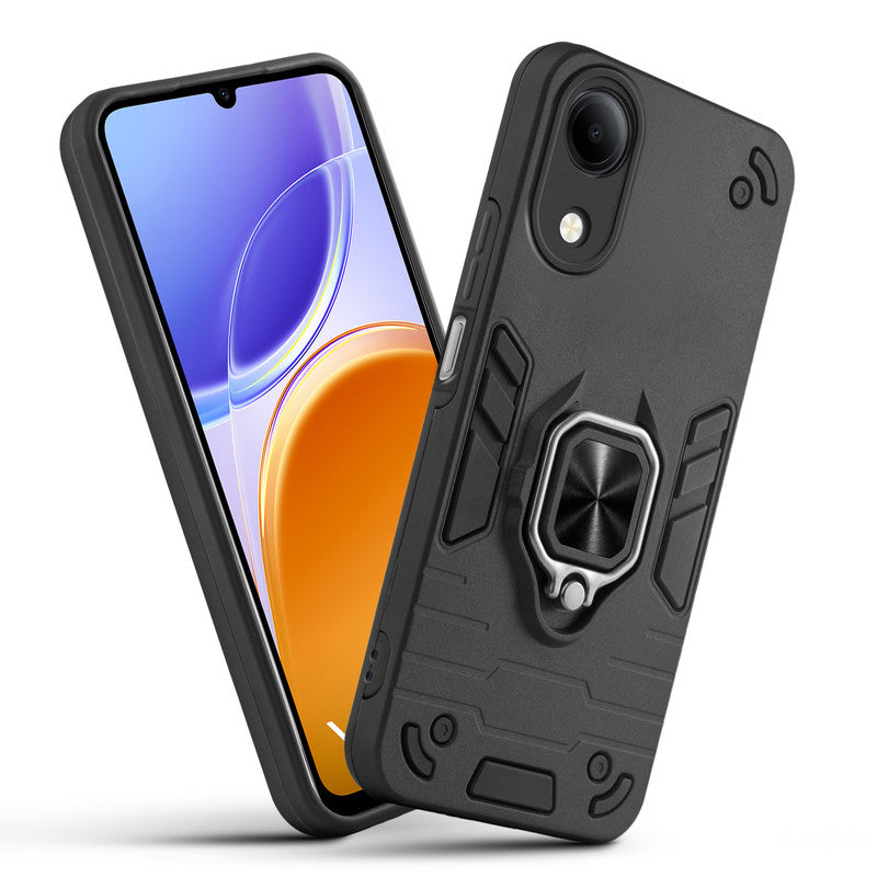 Front and back view of Vivo T5e 5G fitted with a protective case and ring grip
