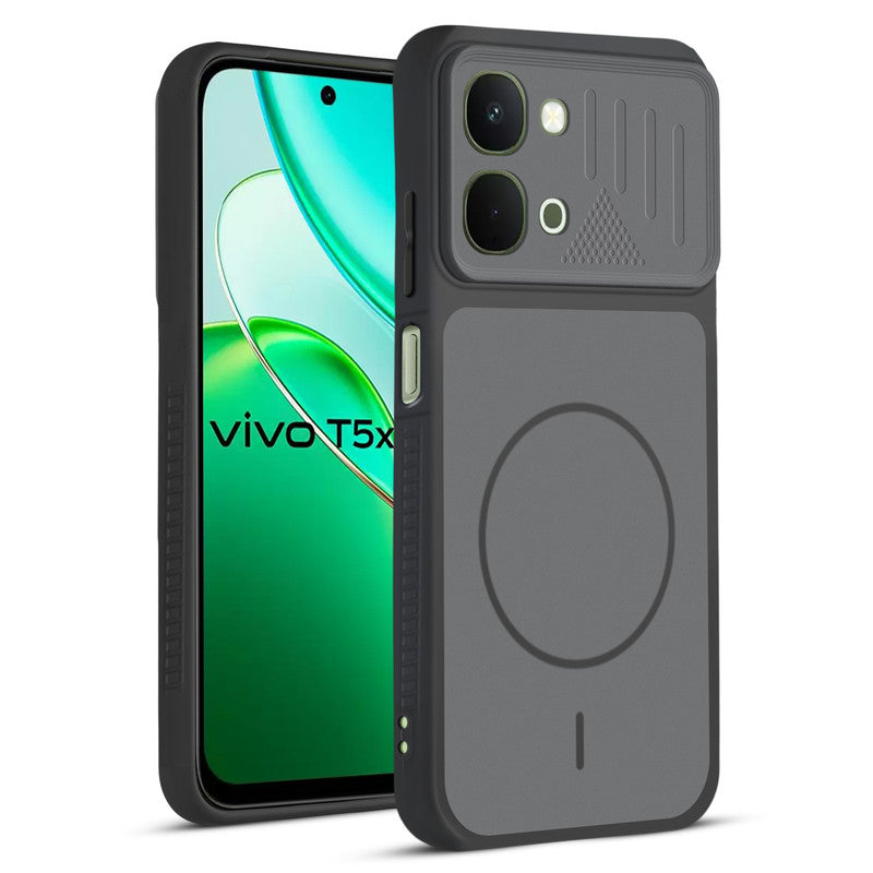 Front and back view of Black protective back cover for Vivo T5x 5G with textured sides, camera guard and slim fit design.