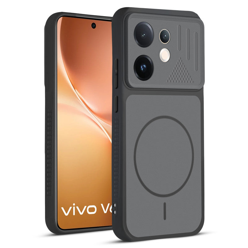 Front and back view of Black protective back cover for Vivo V60 5G with textured sides, camera guard and slim fit design.