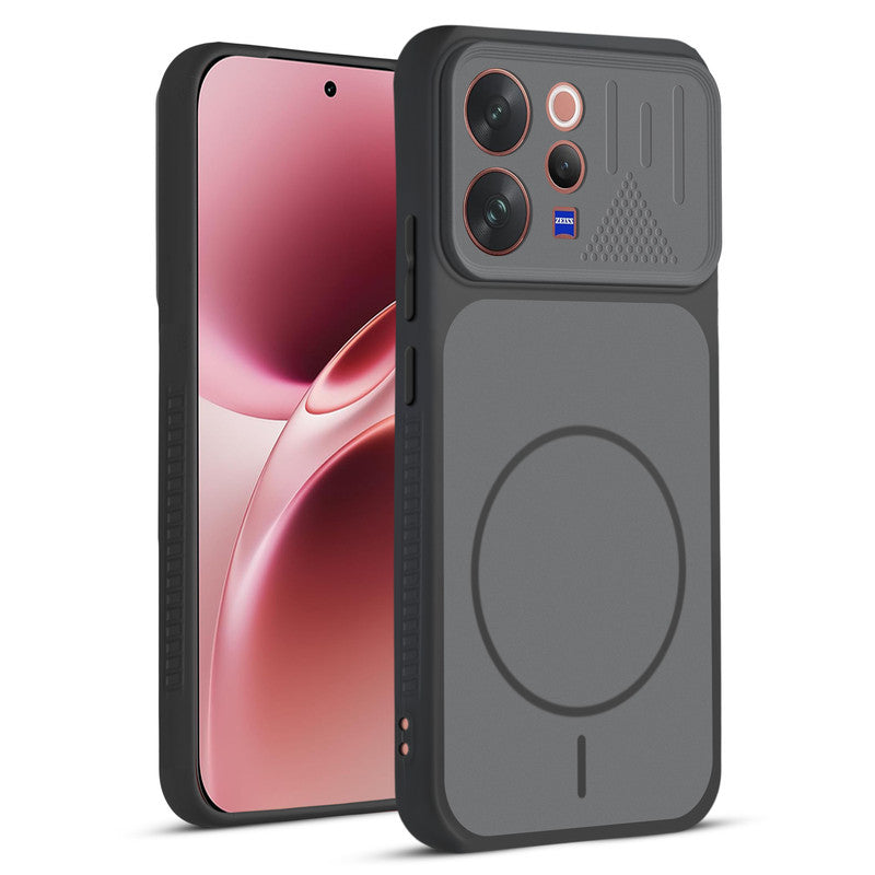 Front and back view of Black protective back cover for Vivo V70 5G with textured sides, camera guard and slim fit design.