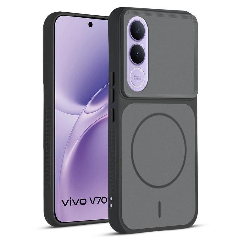 Front and back view of Black protective back cover for Vivo V70 FE 5G with textured sides, camera guard and slim fit design.
