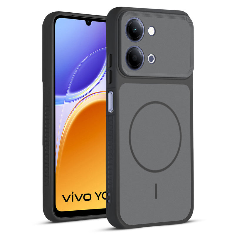 Front and back view of Black protective back cover for Vivo Y05 4G with textured sides, camera guard and slim fit design.