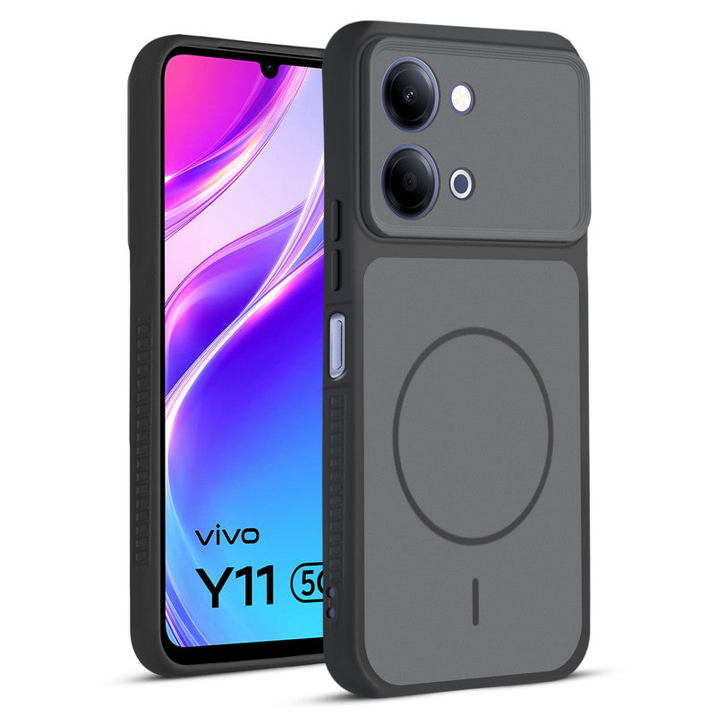 Front and back view of Black protective back cover for Vivo Y11 5G with textured sides, camera guard and slim fit design.