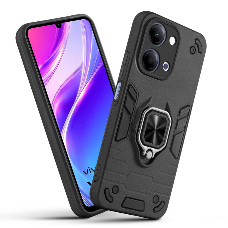 Front and back view of Vivo Y11 5G fitted with a protective case and ring grip