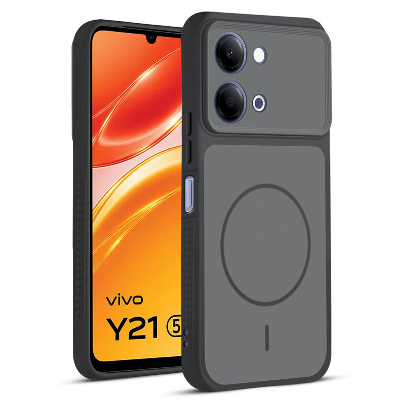 Front and back view of Black protective back cover for Vivo Y21 5G with textured sides, camera guard and slim fit design.
